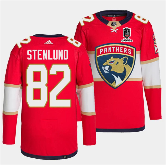 Personalized Men’s Florida Panthers #82 Kevin Stenlund Red Home 2024 Stanley Cup Champions Stitched Jersey