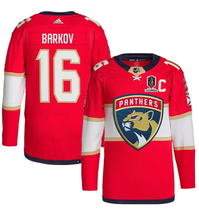 Personalized Men’s Florida Panthers #16 Aleksander Barkov Red Home 2024 Stanley Cup Champions Stitched Jersey