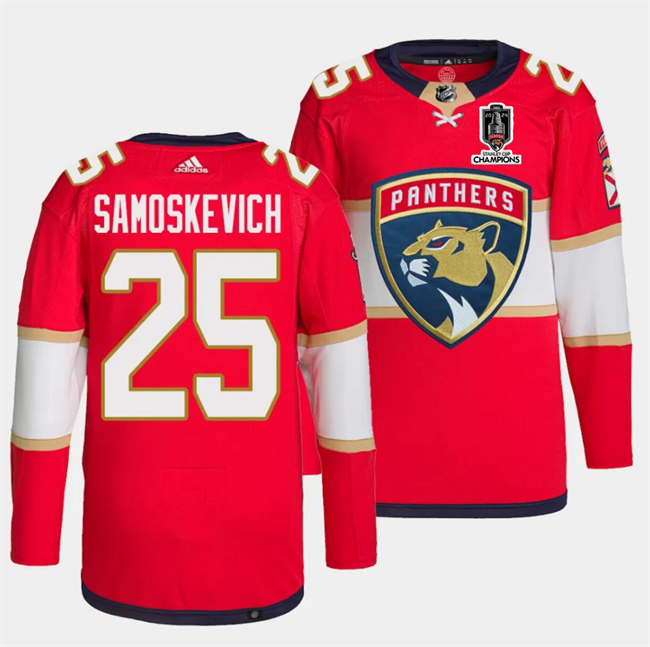 Personalized Men’s Florida Panthers #25 Mackie Samoskevich Red Home 2024 Stanley Cup Champions Stitched Jersey