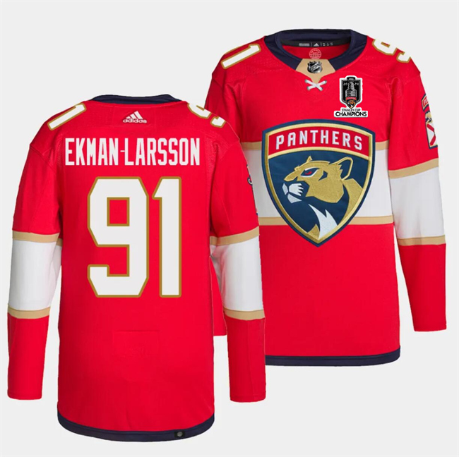 Personalized Men’s Florida Panthers #91 Oliver Ekman-Larsson Red Home 2024 Stanley Cup Champions Stitched Jersey