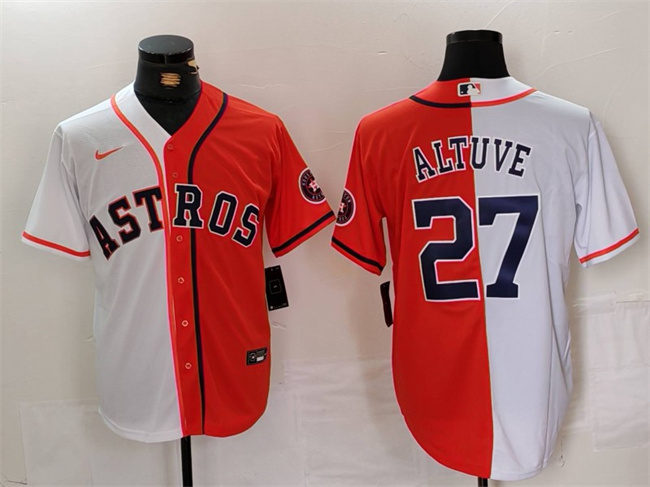 Personalized Men’s Houston Astros #27 Jose Altuve White Orange Split With Patch Cool Base Stitched Baseball Jersey