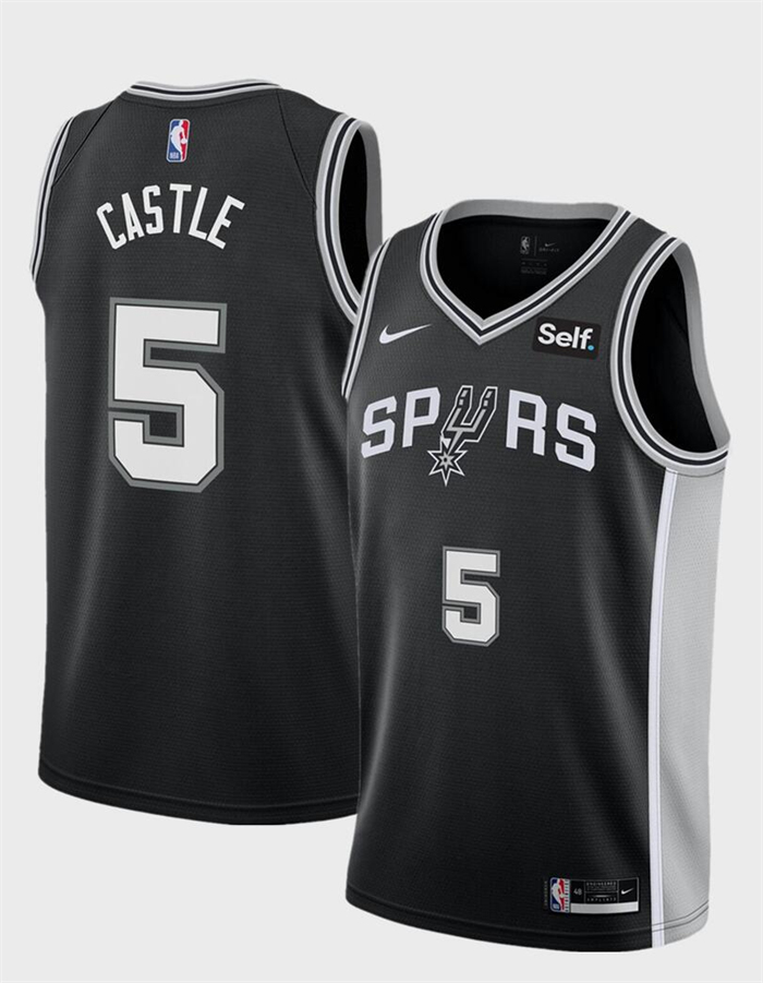Personalized Men’s San Antonio Spurs #5 Stephon Castle Black 2024 Draft Icon Edition Stitched Basketball Jersey
