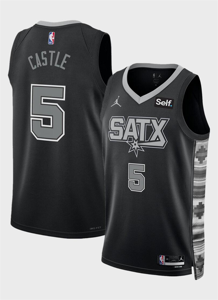 Personalized Men’s San Antonio Spurs #5 Stephon Castle Black 2024 Draft Statement Edition Stitched Basketball Jersey