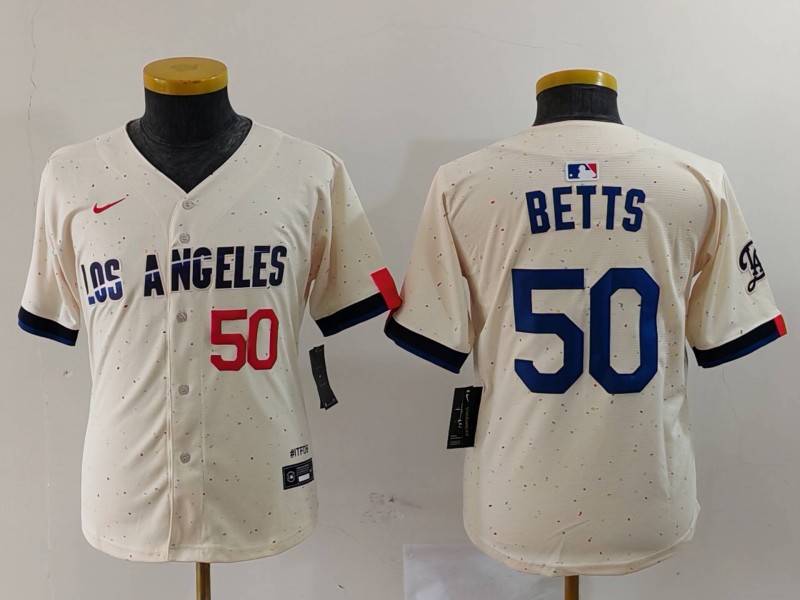 Personalized Youth Los Angeles Dodgers #50 Mookie Betts Cream 2024 City Connect Limited Stitched Baseball Jerseys
