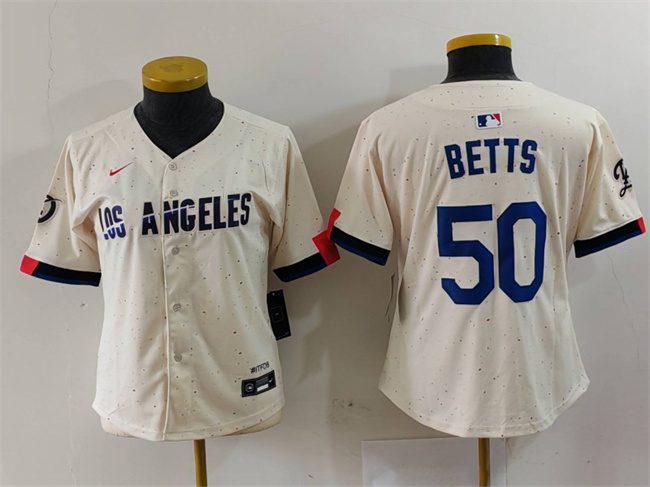 Personalized Women’s Los Angeles Dodgers #50 Mookie Betts Cream Stitched Jersey(Run Small)