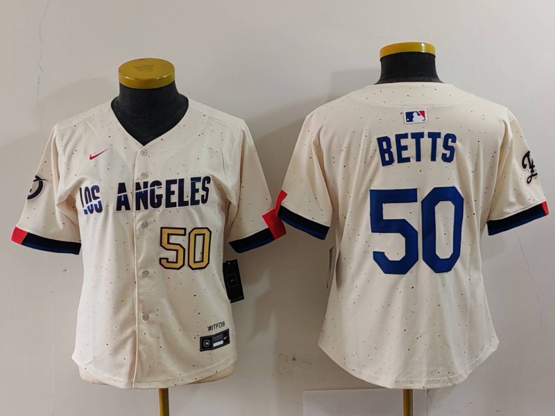 Personalized Women’s Los Angeles Dodgers #50 Mookie Betts Cream Stitched Jersey(Run Small)