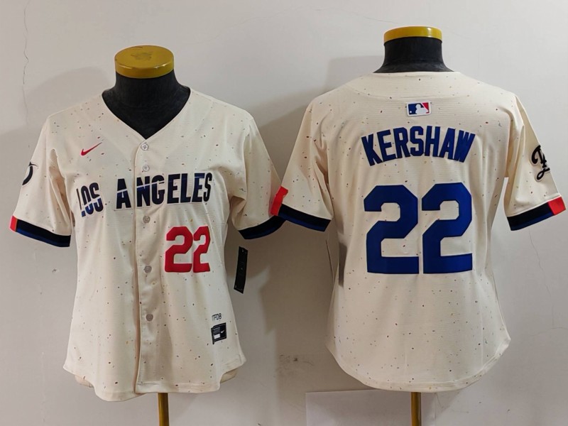 Personalized Women’s Los Angeles Dodgers #22 Clayton Kershaw Cream Stitched Jersey(Run Small)