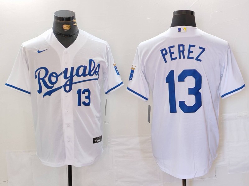 Personalized Men’s Kansas City Royals #13 Salvador Perez White Cool Base Stitched Jerseys