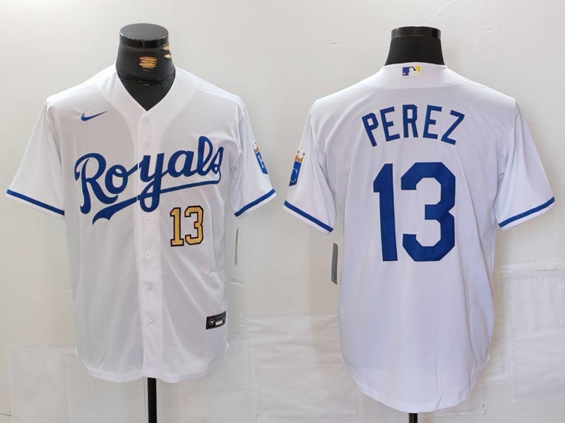 Personalized Men’s Kansas City Royals #13 Salvador Perez White Cool Base Stitched Jerseys