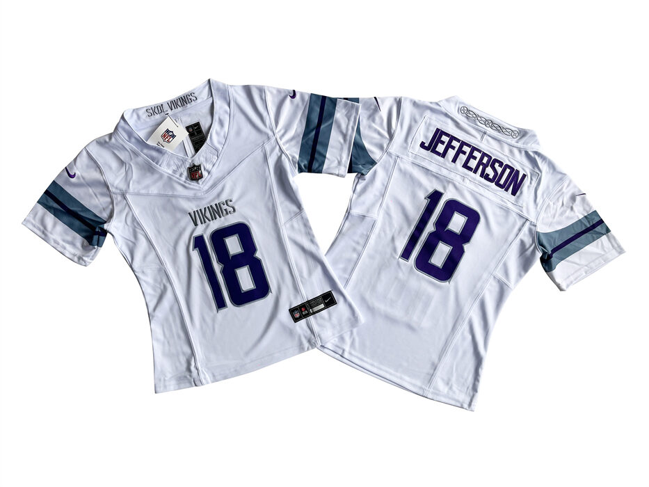 Personalized Women’s Minnesota Vikings #18 Justin Jefferson White 2024 F.U.S.E Winter Warrior Limited Stitched Jersey(Run Small)