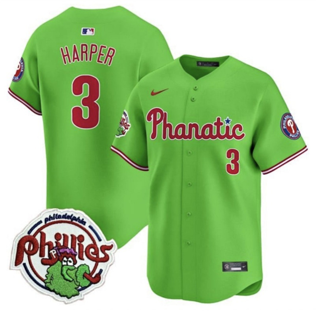 Personalized Men’s Philadelphia Phillies #3 Bryce Harper Green With Patch Stitched Jersey