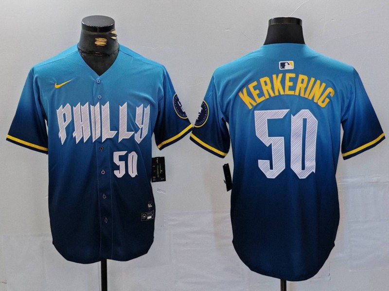 Personalized Men’s Philadelphia Phillies #50 Orion Kerkering Blue 2024 City Connect Limited Stitched Jerseys