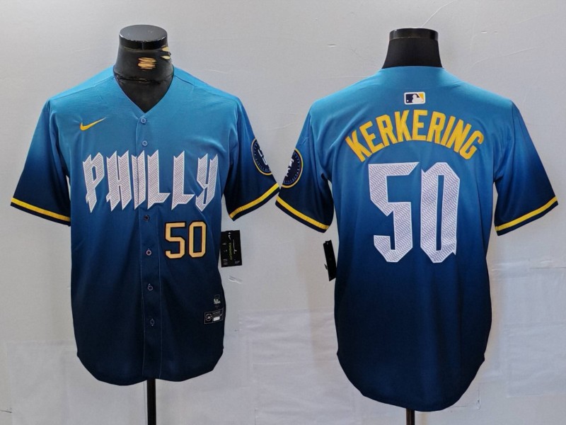 Personalized Men’s Philadelphia Phillies #50 Orion Kerkering Blue 2024 City Connect Limited Stitched Jerseys