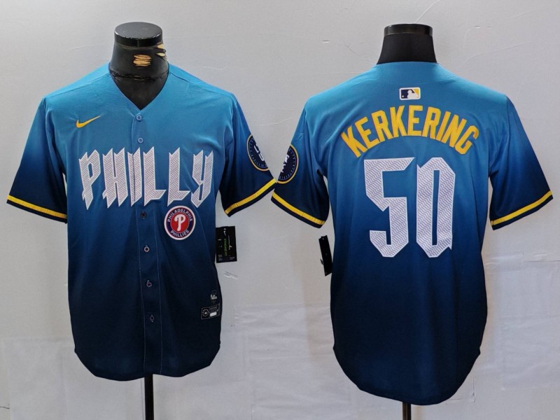 Personalized Men’s Philadelphia Phillies #50 Orion Kerkering Blue 2024 City Connect Limited Stitched Jerseys