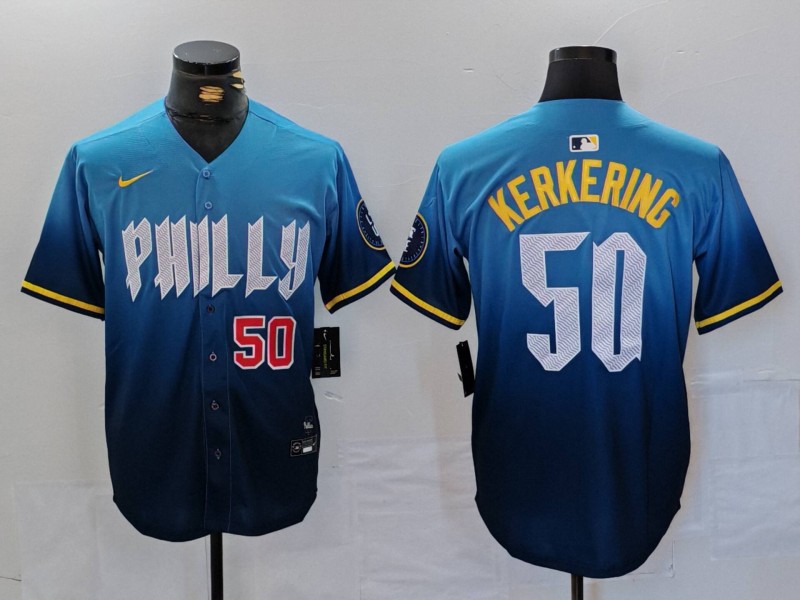 Personalized Men’s Philadelphia Phillies #50 Orion Kerkering Blue 2024 City Connect Limited Stitched Jerseys