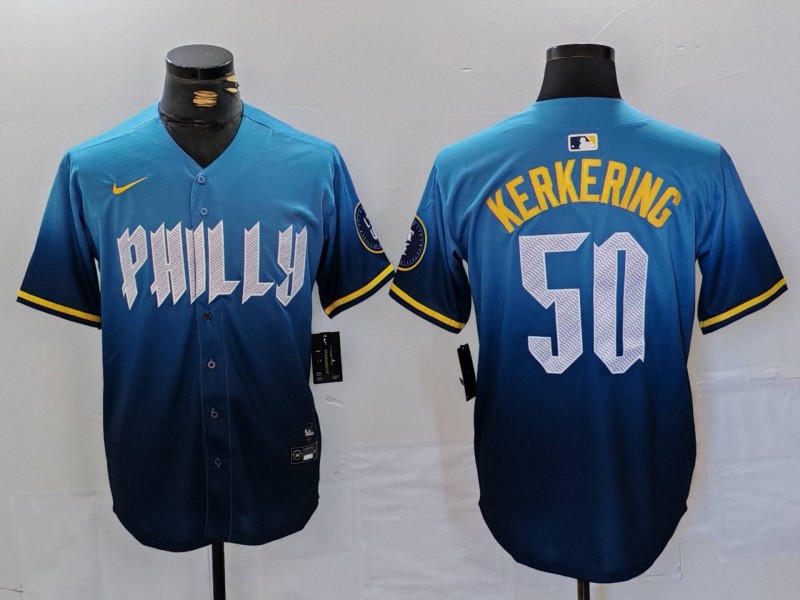 Personalized Men’s Philadelphia Phillies #50 Orion Kerkering Blue 2024 City Connect Limited Stitched Jerseys