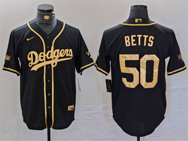 Personalized Men’s Los Angeles Dodgers #50 Mookie Betts Black Gold World Series Champions Cool Base Stitched Baseball Jersey