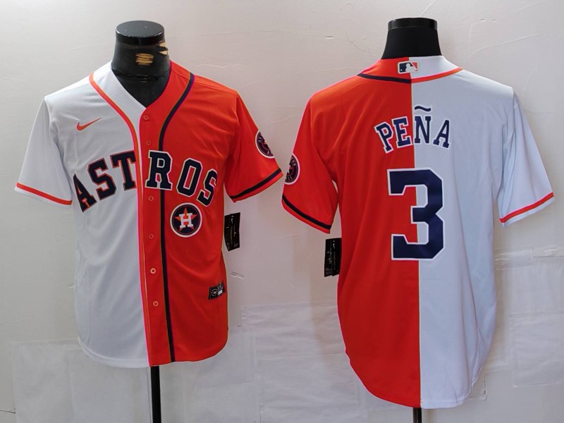 Personalized Men’s Houston Astros #3 Jeremy Peña White Orange Split With Patch Cool Base Stitched Baseball Jerseys