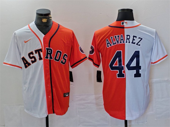 Personalized Men’s Houston Astros #44 Yordan Alvarez White Orange Split With Patch Cool Base Stitched Baseball Jersey