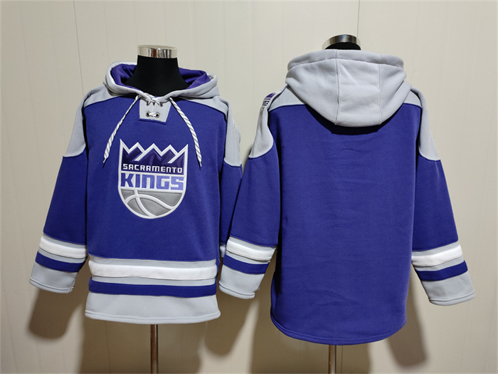 Personalized Men’s Sacramento Kings Blank Blue Grey Lace-Up Pullover Hoodie