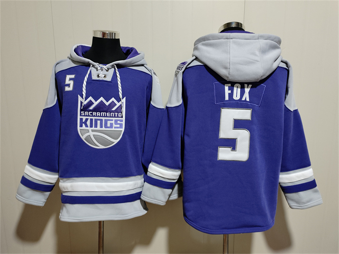 Personalized Men’s Sacramento Kings #5 De’Aaron Fox Blue Grey Lace-Up Pullover Hoodie