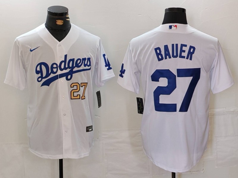 Personalized Men’s Los Angeles Dodgers #27 Trevor Bauer White Stitched Baseball Jersey
