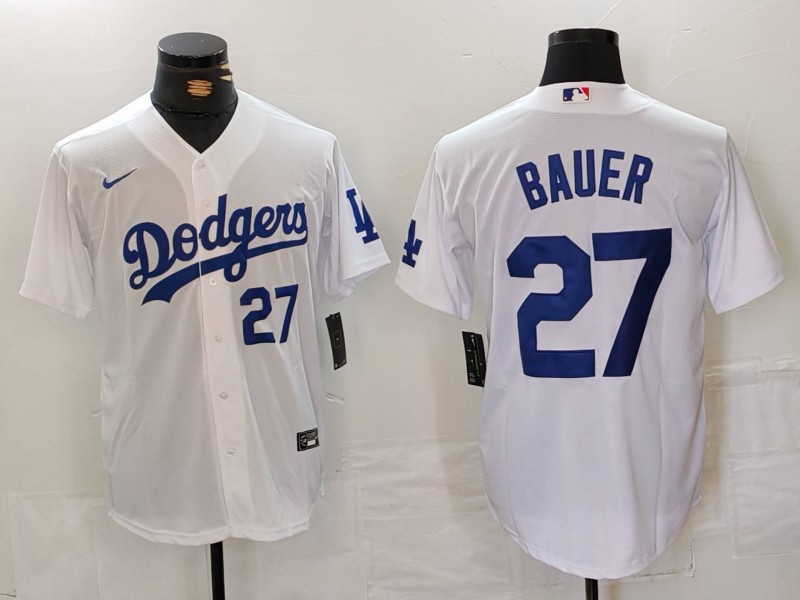 Personalized Men’s Los Angeles Dodgers #27 Trevor Bauer White Stitched Baseball Jersey