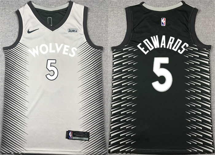 Personalized Men’s Minnesota Timberwolves #5 Anthony Edwards Grey Black Stitched Jersey