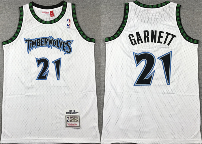 Personalized Men’s Minnesota Timberwolves #21 Kevin Garnett White 1997-98 Throwback Stitched Jersey