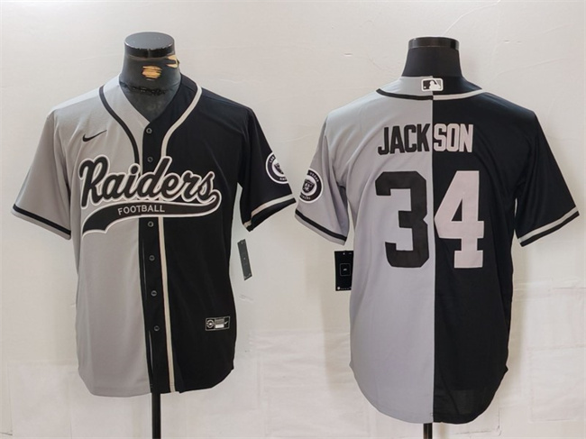 Personalized Men’s Las Vegas Raiders #34 Bo Jackson Grey Black Split Cool Base Stitched Baseball Jersey