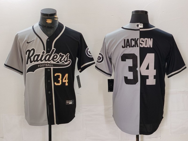 Personalized Men’s Las Vegas Raiders #34 Bo Jackson Grey Black Split Cool Base Stitched Baseball Jersey