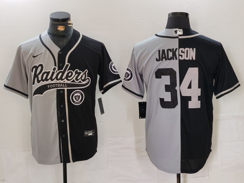 Personalized Men’s Las Vegas Raiders #34 Bo Jackson Grey Black Split Cool Base Stitched Baseball Jersey