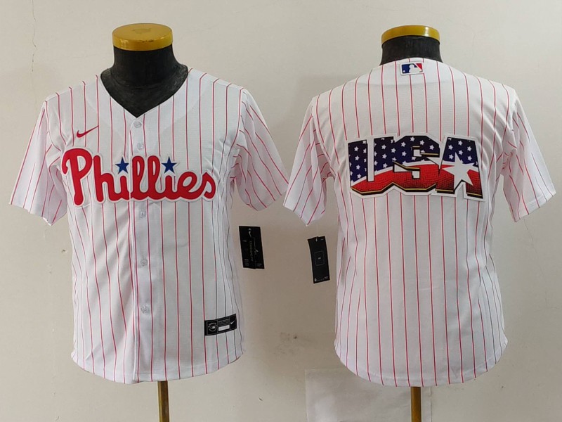 Personalized Youth Philadelphia Phillies Team Big Logo White Cool Base Stitched Baseball Jerseys