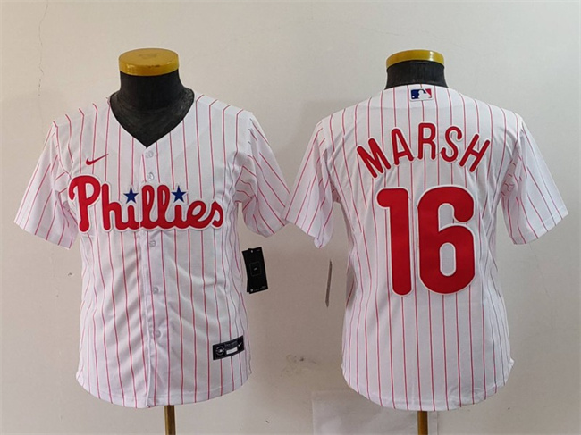 Personalized Youth Philadelphia Phillies #16 Brandon Marsh White Cool Base Stitched Baseball Jersey
