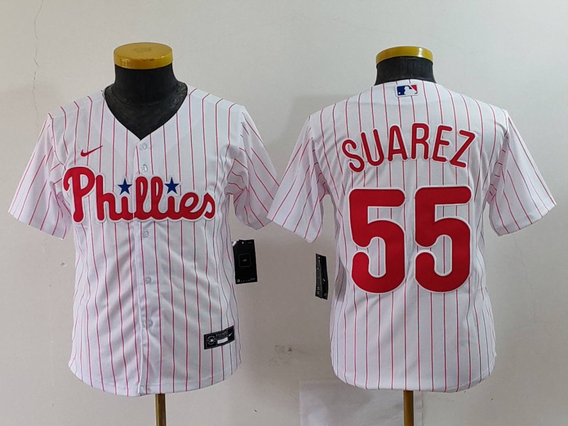 Personalized Youth Philadelphia Phillies #55 Ranger Suárez White Cool Base Stitched Baseball Jerseys