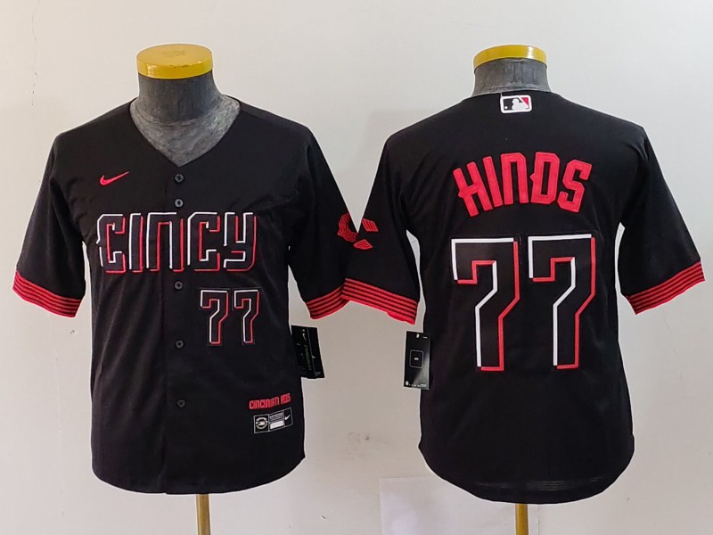 Personalized Youth Cincinnati Reds #77 Rece Hinds Black 2023 City Connect Stitched Baseball Jerseys