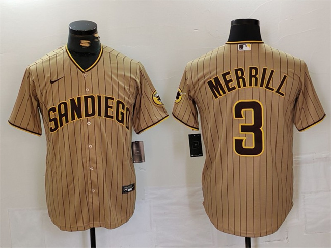 Personalized Men’s San Diego Padres #3 Jackson Merrill Tan Cool Base Stitched Baseball Jersey