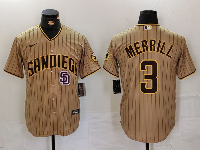 Personalized Men’s San Diego Padres #3 Jackson Merrill Tan Cool Base Stitched Baseball Jerseys