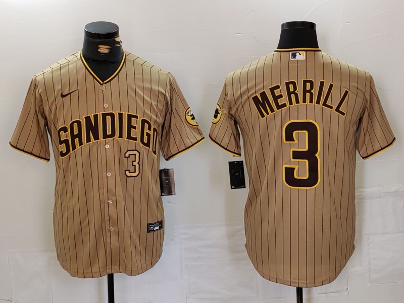Personalized Men’s San Diego Padres #3 Jackson Merrill Tan Cool Base Stitched Baseball Jerseys