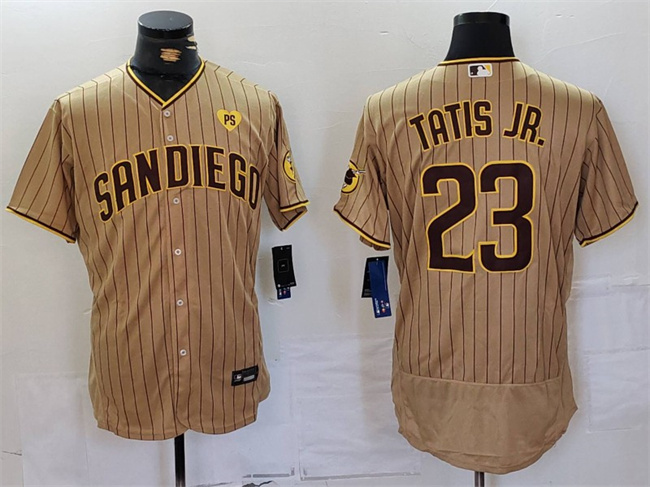 Personalized Men’s San Diego Padres #23 Fernando Tatis Jr. Tan With PS Patch Flex Base Stitched Baseball Jersey