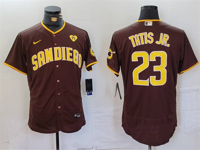 Personalized Men’s San Diego Padres #23 Fernando Tatis Jr. Brown With PS Patch Flex Base Stitched Baseball Jersey
