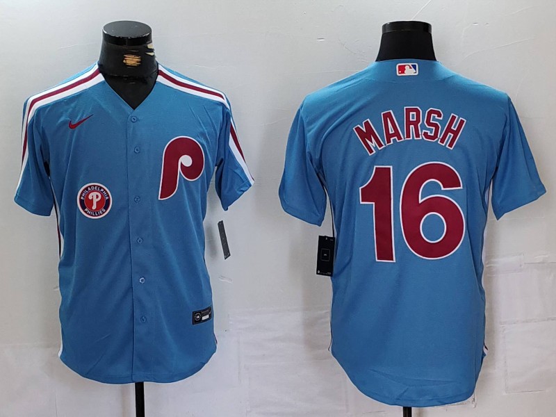 Personalized Men’s Philadelphia Phillies #16 Brandon Marsh Blue Cool Base Stitched Jerseys