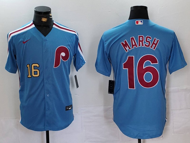 Personalized Men’s Philadelphia Phillies #16 Brandon Marsh Blue Cool Base Stitched Jerseys