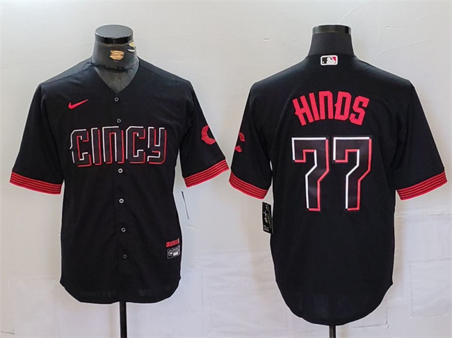 Personalized Men’s Cincinnati Reds #77 Rece Hinds Black 2023 City Connect Cool Base Stitched Baseball Jersey