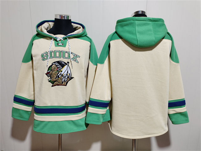Personalized Men’s North Dakota Fighting Hawks Blank Cream Green Lace-Up Pullover Hoodie