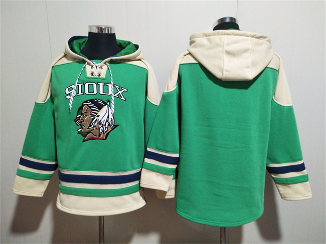 Personalized Men’s North Dakota Fighting Hawks Blank Green Cream Lace-Up Pullover Hoodie