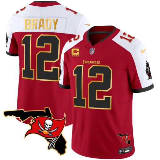 Personalized Men’s Tampa Bay Buccaneers #12 Tom Brady Red White F.U.S.E. With 4-Star C Ptach And Florida Patch Gold Trim Stitched Jersey
