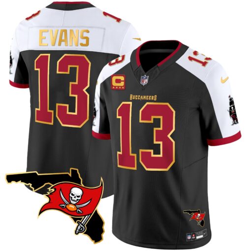 Personalized Men’s Tampa Bay Buccaneers #13 Mike Evans Black White F.U.S.E. With 4-Star C Ptach And Florida Patch Gold Trim Stitched Jersey