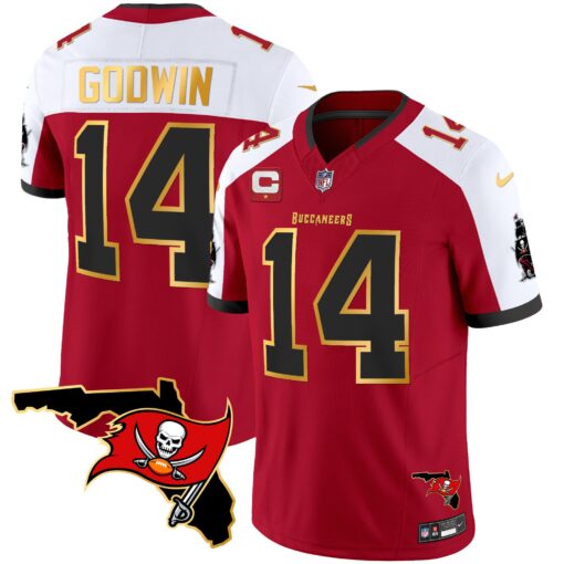 Personalized Men’s Tampa Bay Buccaneers #14 Chris Godwin Red White F.U.S.E. With 1-Star C Ptach And Florida Patch Gold Trim Stitched Jersey