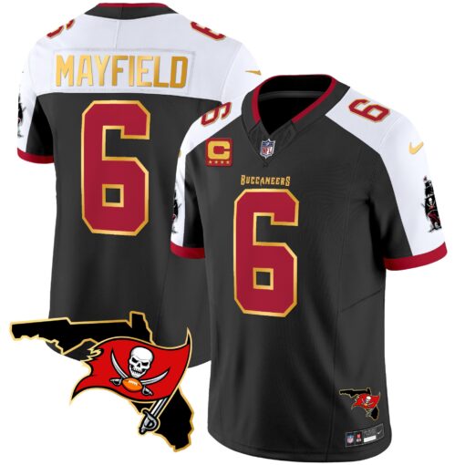 Personalized Men’s Tampa Bay Buccaneers #6 Baker Mayfield Black White F.U.S.E. With 4-Star C Ptach And Florida Patch Gold Trim Stitched Jersey